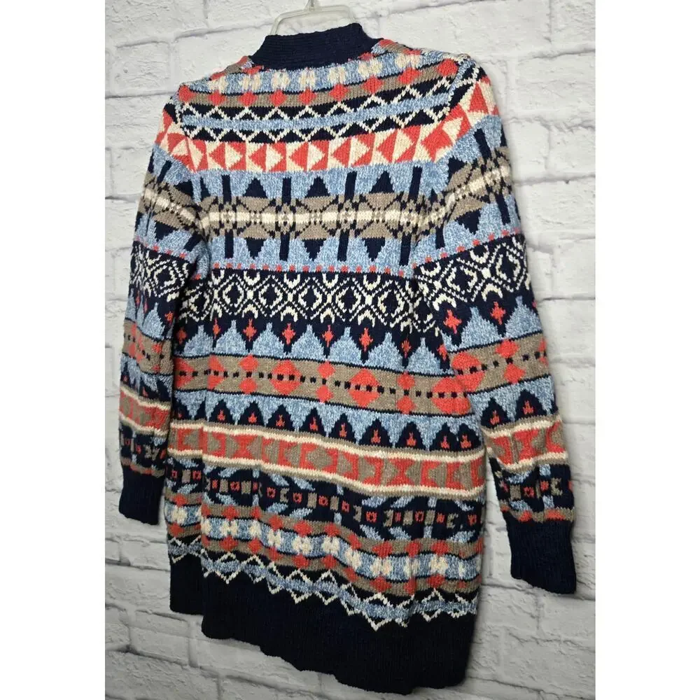 L.L.BEAN women's cotton fair isle western Aztec print knit cardigan MP.